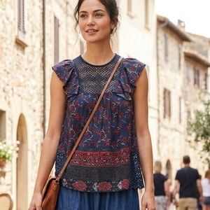 SEA SLEEVELESS RUFFLE TOP NAVY CROCHET LACE-PANELED FLORAL PRINT SILK SIZE 6